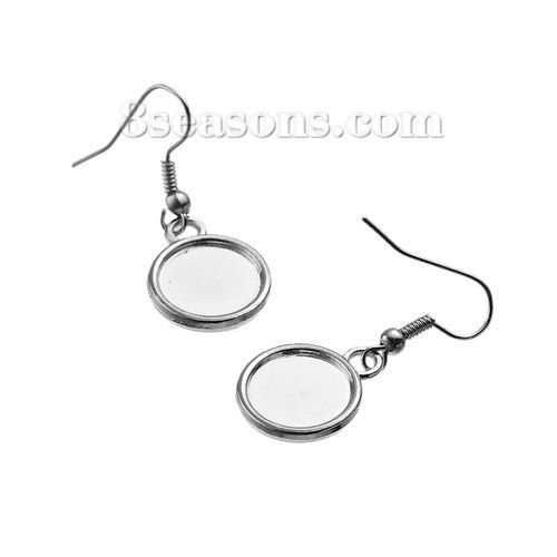 Picture of Zinc Based Alloy Earrings Findings Round Silver Tone Cabochon Settings (Fit 12mm Dia.) 34mm(1 3/8") x 15mm( 5/8"), Post/ Wire Size: (21 gauge), 20 PCs