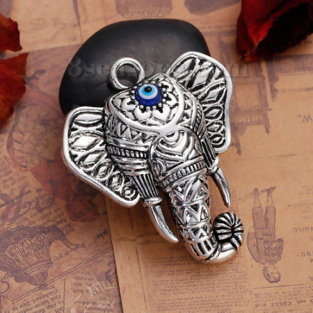 Immagine di Lega di Zinco Stile Bohemien Ciondoli Testa di Elefante Argento Antico Malocchio Smalto 55mm x 47mm , 2 Pz