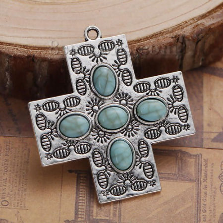 Immagine di Lega di Zinco Stile Bohemien Ciondoli Croce Argento Antico Verde Blu Modello Turchese Imitato 47mm x 43mm , 2 Pz