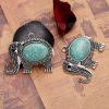 Picture of Zinc Based Alloy Boho Chic Pendants Elephant Animal Antique Silver Color Green Blue (Can Hold ss16 Pointed Back Rhinestone) Imitation Turquoise 48mm(1 7/8") x 38mm(1 4/8"), 2 PCs