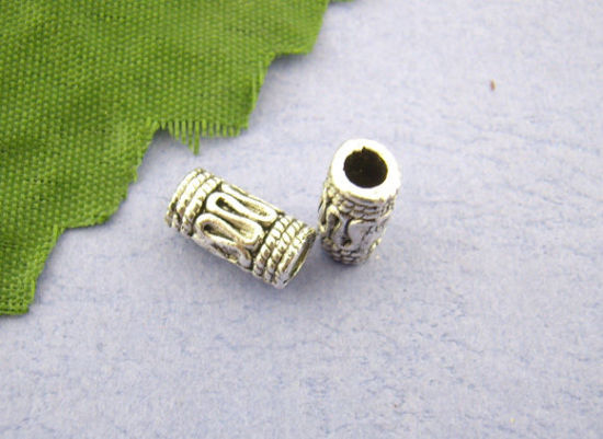 Bild von Zinklegierung Zwischenperlen Spacer Perlen Zylinder Antiksilber Muster Geschnitzt ca. 10mm x 4mm, Loch:ca. 2.7mm, 60 Stück