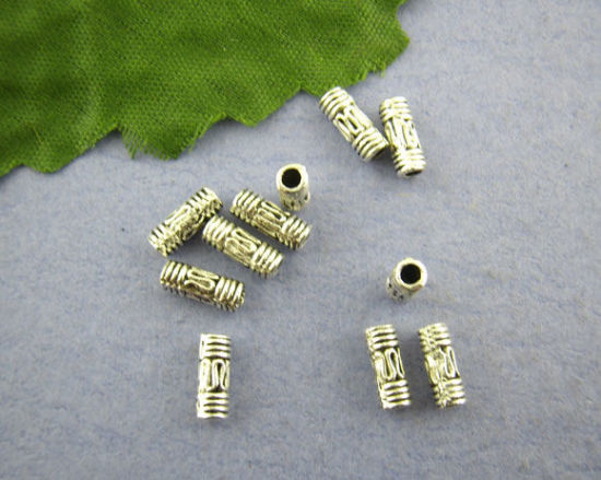 Picture of Zinc Based Alloy Spacer Beads Cylinder Antique Silver Color Carved About 10mm x 4mm, Hole:Approx 2.7mm, 60 PCs