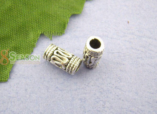 Bild von Zinklegierung Zwischenperlen Spacer Perlen Zylinder Antiksilber Muster Geschnitzt ca. 10mm x 4mm, Loch:ca. 2.7mm, 60 Stück