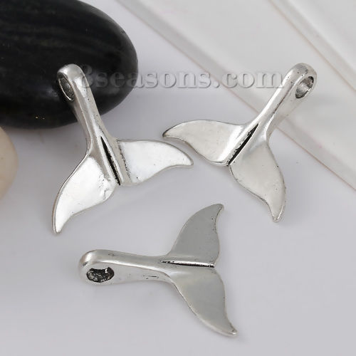 Picture of Zinc Based Alloy Pendants Whale Tail Antique Silver Color 33mm(1 2/8") x 29mm(1 1/8"), 20 PCs