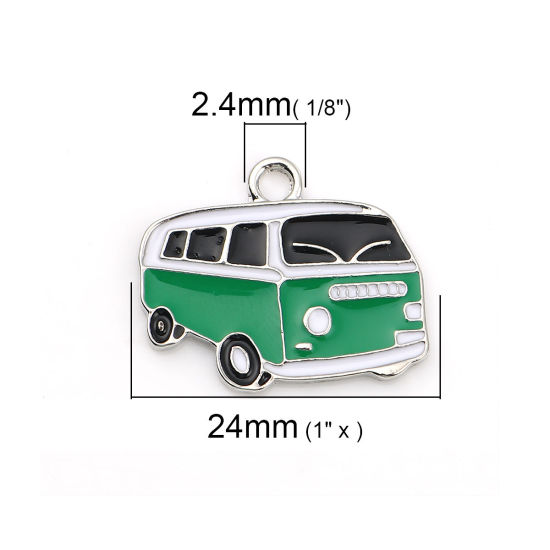 Bild von Zinklegierung Charms Auto Silberfarbe Schwarz & Grün Emaille 24mm x 20mm, 5 Stücke