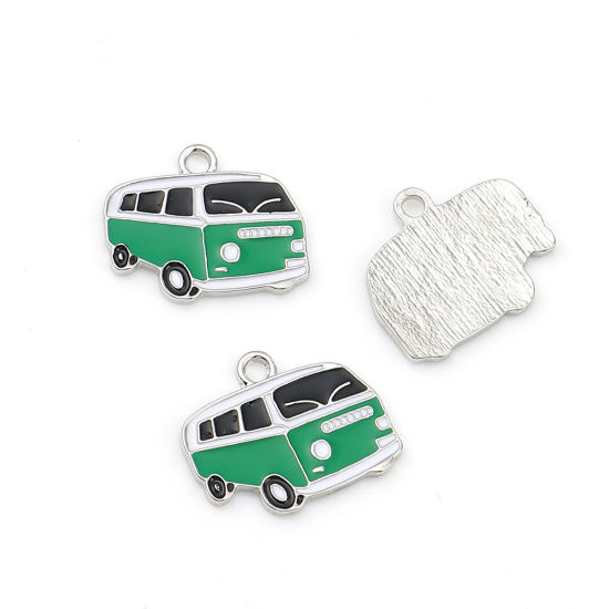 Bild von Zinklegierung Charms Auto Silberfarbe Schwarz & Grün Emaille 24mm x 20mm, 5 Stücke