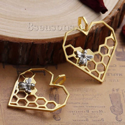 Picture of Zinc Based Alloy Pendants Gold Plated Silver Tone Two Tone Honeycomb Bee Hollow 41mm x 35mm, 5 PCs