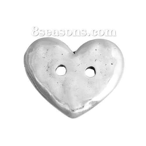 Изображение Цинковый Сплав Пуговица Металлические Античное Серебро Сердце С двумя отверстиями 19мм x 16мм, 20 ШТ