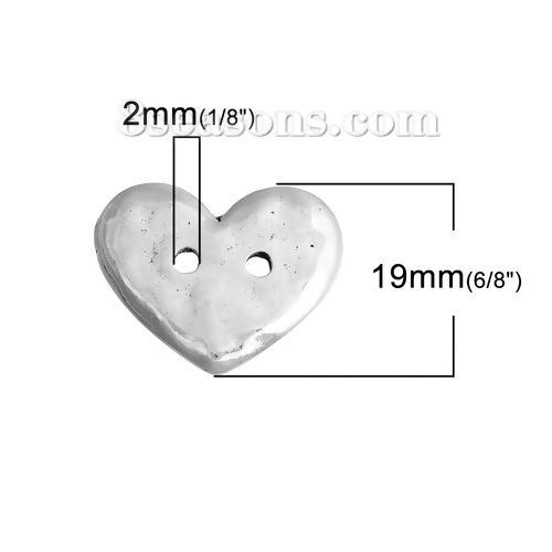 Изображение Цинковый Сплав Пуговица Металлические Античное Серебро Сердце С двумя отверстиями 19мм x 16мм, 20 ШТ