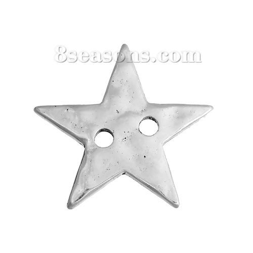 Изображение Цинковый Сплав Пуговица Античное Серебро Звезда С двумя отверстиями 21мм x 20мм - 20мм x 19мм, 20 ШТ