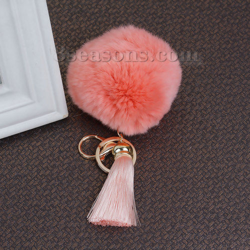 Picture of Keychain & Keyring Gold Plated Korea Pink Angora Pom Pom Ball Peachy Beige Rayon Tassel 12cm x 3cm, 1 Piece