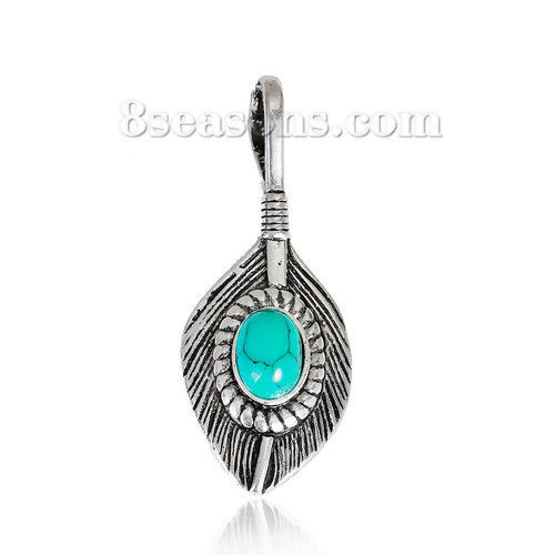 Picture of Brass Pendants Feather Antique Silver Color Imitation Turquoise 37mm(1 4/8") x 15mm( 5/8"), 2 PCs                                                                                                                                                             