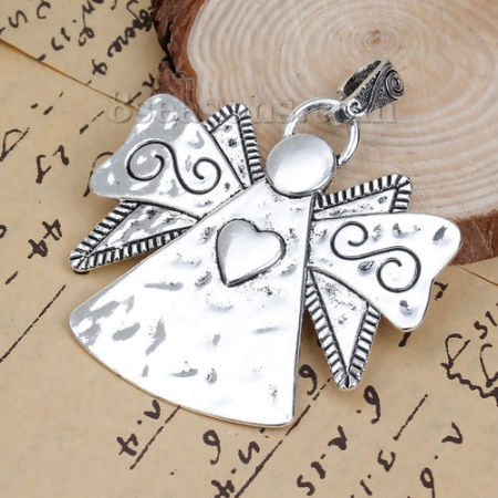 Zinc Based Alloy Pendants Angel Antique Silver Color Wing Heart Carved 72mm(2 7/8") x 63mm(2 4/8"), 2 PCs