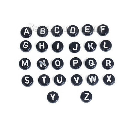 Immagine di Acrilato Separatori Perline Tondo Nero Lettera Disegno Circa 7mm Dia, Foro: Circa 1.3mm, 260 Pz