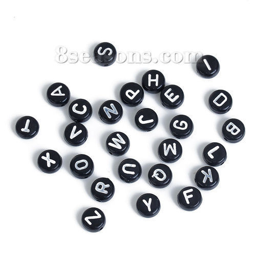 Immagine di Acrilato Separatori Perline Tondo Nero Lettera Disegno Circa 7mm Dia, Foro: Circa 1.3mm, 260 Pz