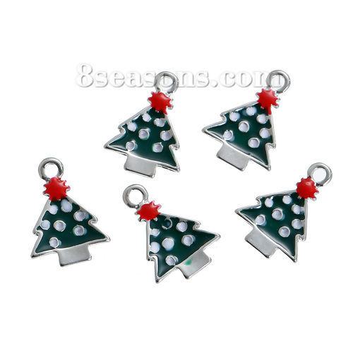 Bild von Zinklegierung Charms Weihnachten Weihnachtsbaum Silberfarbe Weiß & Grün Emaille 19mm x 14mm, 5 Stücke