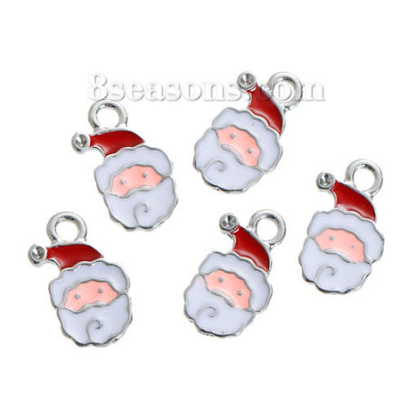 Lega di Zinco Charms Babbo Natale Tono Argento Bianco & Rosso (Addetti ss4 Strass) Smalto 17mm x 11mm , 10 Pz