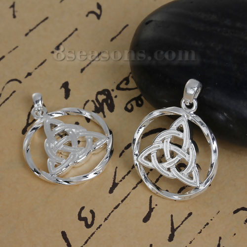 Picture of Brass Charms Round Silver Plated Celtic Knot Hollow 27mm(1 1/8") x 20mm( 6/8"), 3 PCs                                                                                                                                                                         