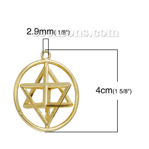 Picture of Brass Merkaba Meditation Pendants Round Gold Plated Hollow 40mm(1 5/8") x 35mm(1 3/8"), 1 Piece                                                                                                                                                               