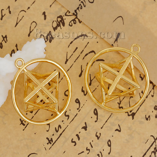 Picture of Brass Merkaba Meditation Pendants Round Gold Plated Hollow 40mm(1 5/8") x 35mm(1 3/8"), 1 Piece                                                                                                                                                               