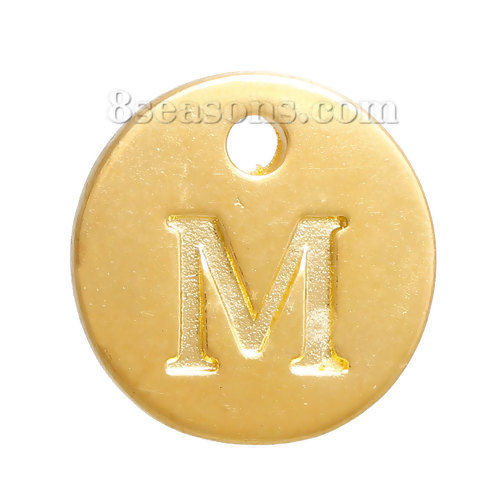 Picture of Zinc Based Alloy Charms Round Gold Plated Initial Alphabet/ Letter " M " 12mm( 4/8") Dia, 20 PCs