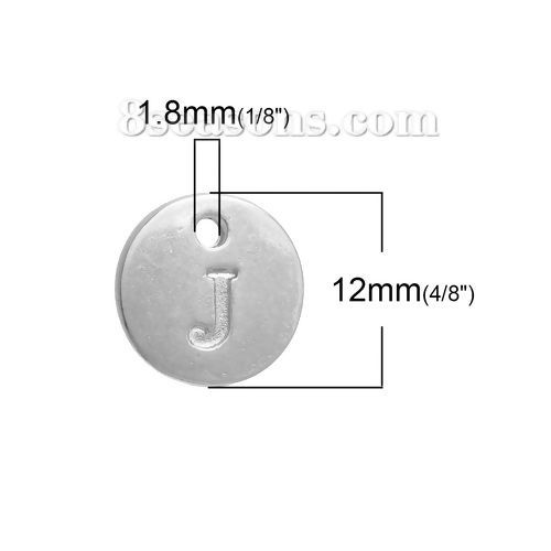 Bild von Zinklegierung Charms Rund Versilbert Anfangsbuchstaben " J " 12mm D. 20 Stück