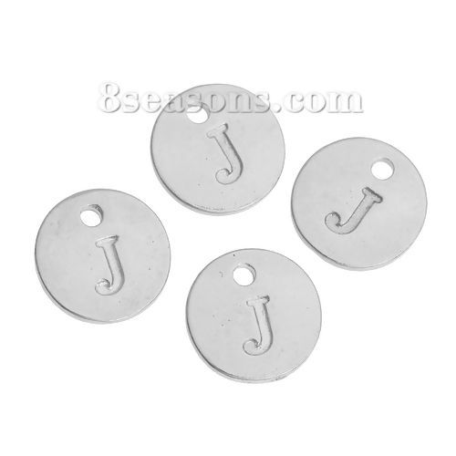 Bild von Zinklegierung Charms Rund Versilbert Anfangsbuchstaben " J " 12mm D. 20 Stück