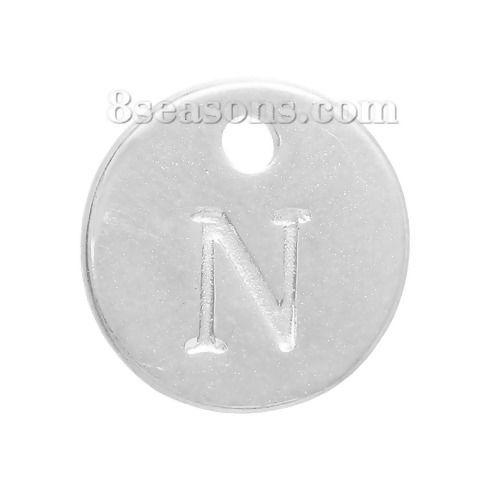 Picture of Zinc Based Alloy Charms Round Silver Plated Initial Alphabet/ Letter " N " 12mm( 4/8") Dia, 20 PCs