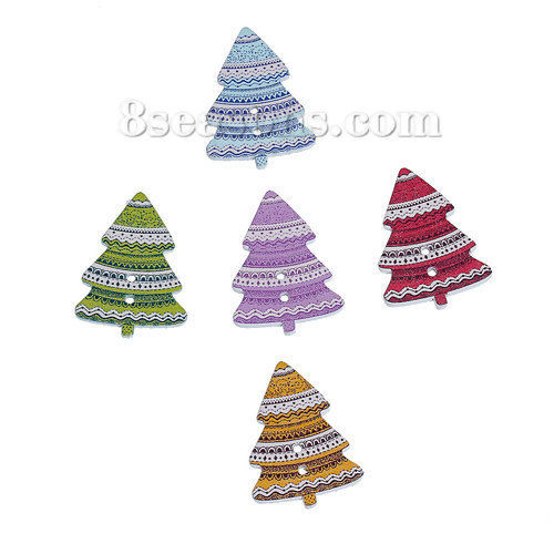 Picture of Wood Sewing Buttons Scrapbooking 2 Holes Christmas Tree At Random Mixed 33mm(1 2/8") x 25mm(1"), 30 PCs