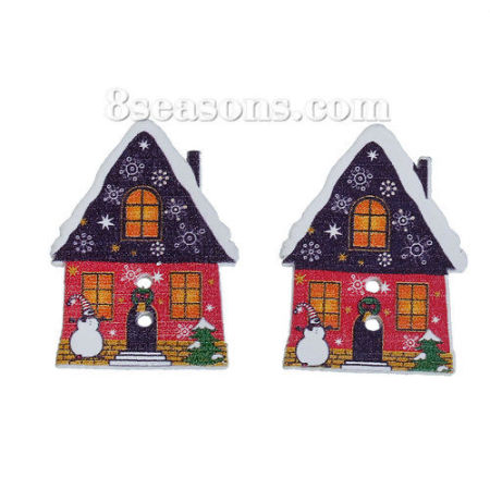 Деревянные Рождественский Дом В Деревне Разноцветный Пуговицы С двумя отверстиями Рождественский Снеговик 32мм x 24мм, 30 ШТ