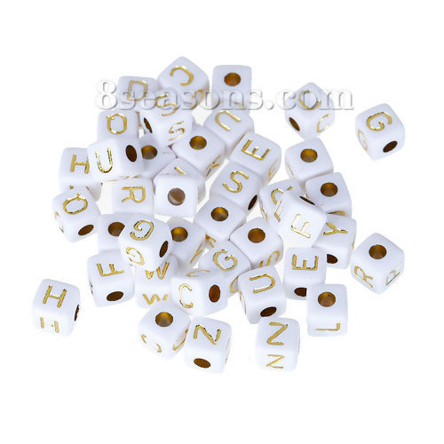 Picture of Acrylic Spacer Beads Square White At Random Mixed Alphabet /Letter Pattern About 9mm x 9mm, Hole: Approx 4mm, 100 PCs