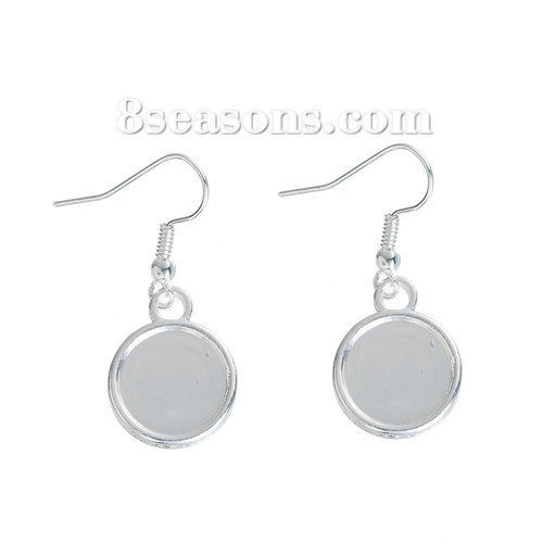 Picture of Zinc Based Alloy Earrings Findings Round Silver Plated Cabochon Settings (Fit 12mm Dia.) 34mm(1 3/8") x 15mm( 5/8"), Post/ Wire Size: (21 gauge), 20 PCs