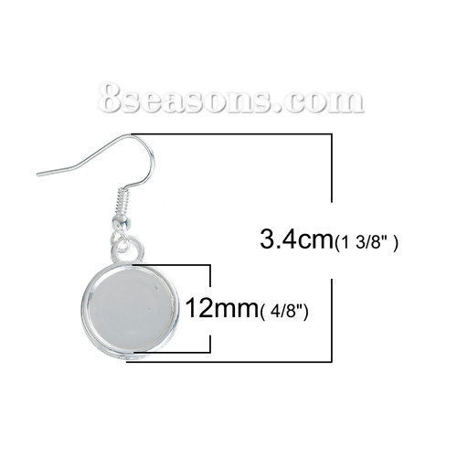 Picture of Zinc Based Alloy Earrings Findings Round Silver Plated Cabochon Settings (Fit 12mm Dia.) 34mm(1 3/8") x 15mm( 5/8"), Post/ Wire Size: (21 gauge), 20 PCs