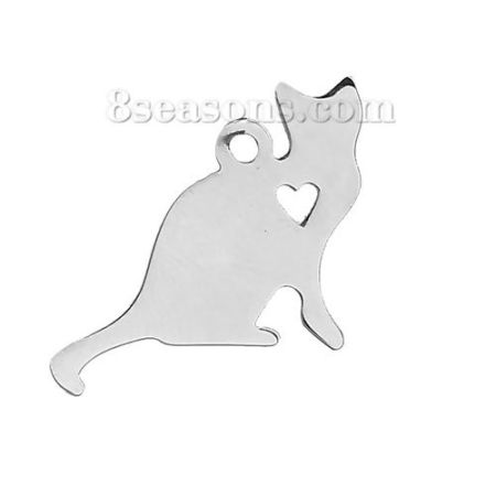 Picture of 1 Piece 304 Stainless Steel Pet Silhouette Blank Stamping Tags Charms Cat Animal Heart Silver Tone Double-sided Polishing 22mm x 17mm