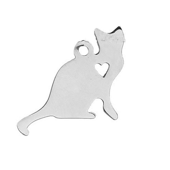 Bild von 1 Stück 304 Edelstahl Haustier Silhouette Leere Stempeletiketten Charms Katze Herz Silberfarbe Doppelseitiges Polieren 22mm x 17mm