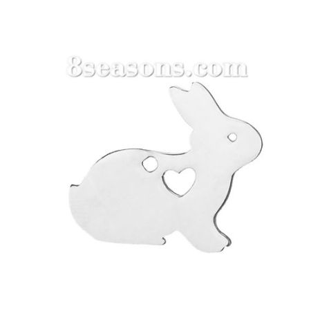 Picture of 1 Piece 304 Stainless Steel Pet Silhouette Blank Stamping Tags Charms Rabbit Animal Heart Silver Tone Double-sided Polishing 22mm x 20mm