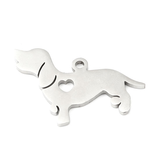 Bild von 1 Stück 304 Edelstahl Haustier Silhouette Leere Stempeletiketten Charms Hund Herz Silberfarbe Doppelseitiges Polieren 29mm x 23mm