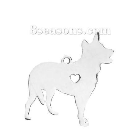 Bild von 1 Stück 304 Edelstahl Haustier Silhouette Leere Stempeletiketten Anhänger Hund Herz Silberfarbe Doppelseitiges Polieren 33mm x 28mm