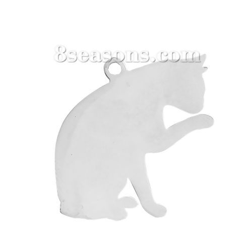 Bild von 1 Stück 304 Edelstahl Haustier Silhouette Leere Stempeletiketten Charms Katze Silberfarbe Doppelseitiges Polieren 29mm x 27mm
