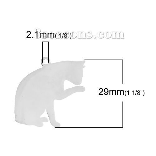 Bild von 1 Stück 304 Edelstahl Haustier Silhouette Leere Stempeletiketten Charms Katze Silberfarbe Doppelseitiges Polieren 29mm x 27mm