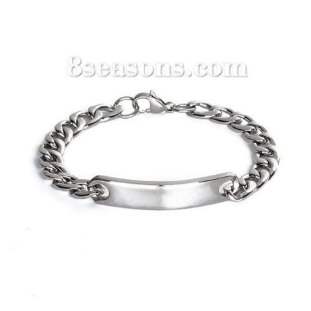 304 Stainless Steel Blank Bar Blank Stamping Tags Bracelets Rectangle Silver Tone One-sided Polishing 22cm(8 5/8") long, 1 Piece