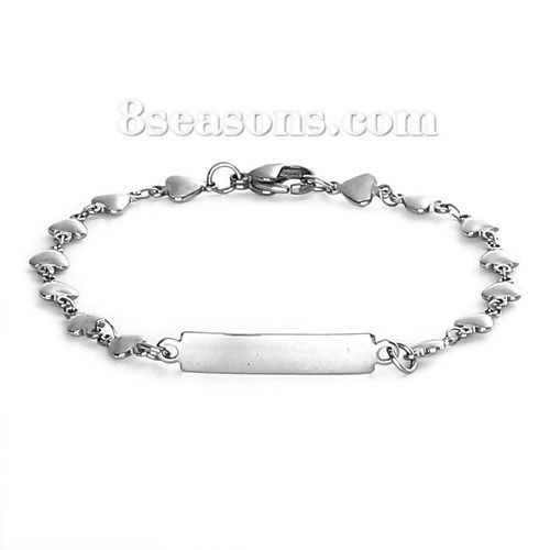 Picture of 304 Stainless Steel Blank Bar Blank Stamping Tags Bracelets Heart Silver Tone One-sided Polishing 21cm(8 2/8") long, 1 Piece