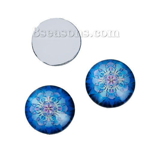 Picture of Glass Buddhism Mandala Dome Seals Cabochon Round Flatback Blue Transparent 12mm( 4/8") Dia, 20 PCs