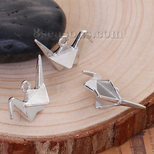 Picture of Zinc Based Alloy 3D Charms Origami Crane Silver Tone 27mm(1 1/8") x 20mm( 6/8"), 20 PCs