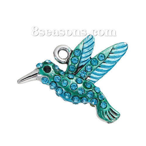 Picture of Zinc Based Alloy Charms Hummingbird Antique Silver Color Green Blue Rhinestone Enamel 27mm(1 1/8") x 21mm( 7/8"), 1 Piece