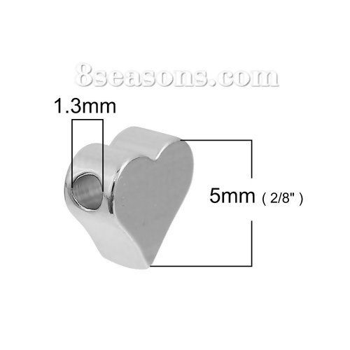 Изображение Латунь Бусины Сердце Серебряный Тон Примерно 6мм x 5мм, Отверстие: Примерно 1.3мм, 5 ШТ                                                                                                                                                                       