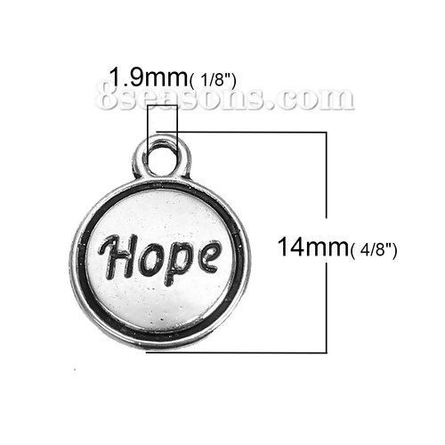 Image de Breloque en Alliage de Zinc Rond Argent Vieilli Gravé Mots " Hope " 14mm x 11mm, 50 Pcs