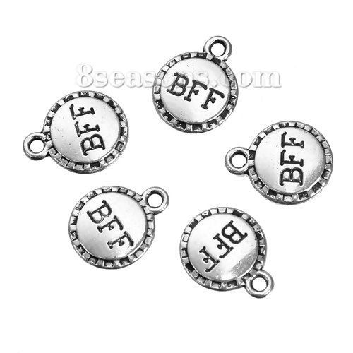 Bild von Zinklegierung Charms Rund Antiksilber Message " BFF " 14mm x 11mm, 50 Stück