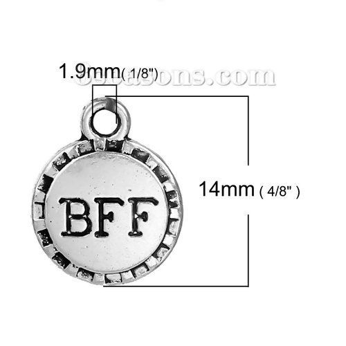 Bild von Zinklegierung Charms Rund Antiksilber Message " BFF " 14mm x 11mm, 50 Stück
