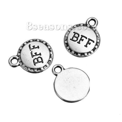 Bild von Zinklegierung Charms Rund Antiksilber Message " BFF " 14mm x 11mm, 50 Stück